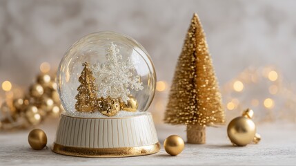 Elegant snow globe with christmas tree, falling snowflakes, and golden ornaments in modern minimalist composition for festive stage display, holiday decoration mockup, and contemporary christmas conce