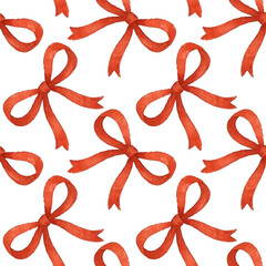 Watercolor seamless pattern of bows, red, ribbons, delicate hand painted style, cute and decorative, vector, seamless repeat	
