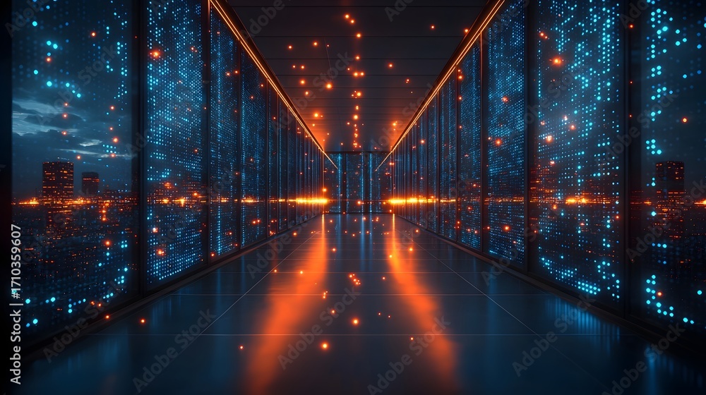 Poster futuristic data center corridor with glowing server racks and a city skyline at dusk representing di