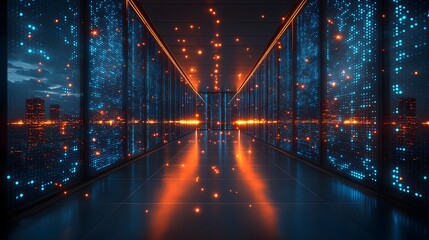 Futuristic data center corridor with glowing server racks and a city skyline at dusk representing digital networks and technology