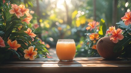 Glass Of Orange Juice In Tropical Garden Setting With Hibiscus Flowers And Plants. Sunlight On Wooden Table. A Refreshing Beverage. Still Life Photography.  Closeup View. Warm Light.  Outdoor Scene