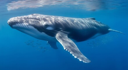 Fototapeta premium Humpback whale swimming in clear blue ocean waters. Majestic marine mammal underwater. Wildlife conservation and nature photography. Eco-tourism and sea life observation concept.