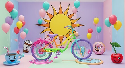 Whimsical colorful bicycle with melting details, cute cartoon objects, and balloons in a vibrant surreal scene.
