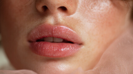 Macro shot of glossy lips with smooth, natural skin texture and soft pink tones in gentle lighting