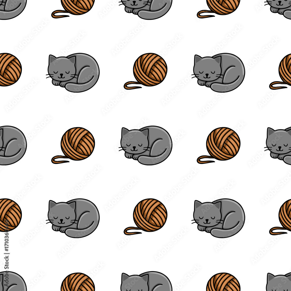 Poster seamless vector pattern featuring adorable sleeping grey kittens curled up next to balls of brown ya