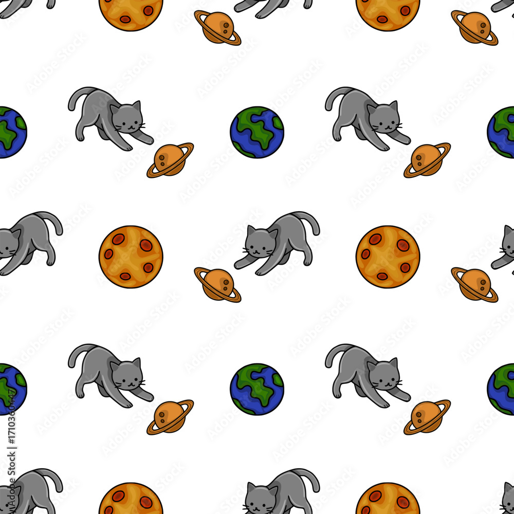 Poster seamless vector pattern featuring playful grey kittens chasing planets and moons in a whimsical cosm