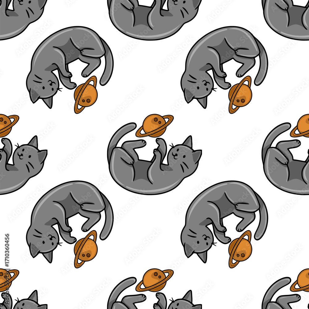 Poster seamless vector pattern featuring playful grey cats playfully interacting with stylized saturn-like 