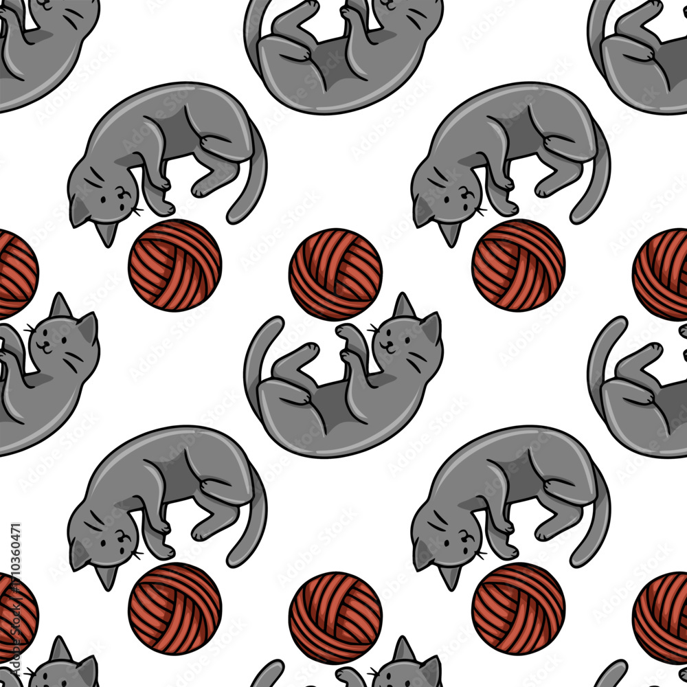 Poster seamless vector pattern featuring playful grey kittens playfully interacting with balls of red yarn,