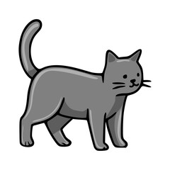 Adorable vector illustration of a gray cat standing in a playful pose, characterized by its simplified yet expressive features and bold outlines.