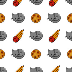 Seamless vector pattern featuring adorable sleeping grey cats, orange and red planets, and fiery orange comets on a white background, perfect for textile, web, or wrapping paper designs.
