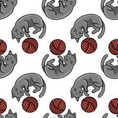 Seamless vector pattern featuring playful grey kittens playfully interacting with balls of red yarn, creating a charming and repetitive design ideal for textile prints or wallpapers.
