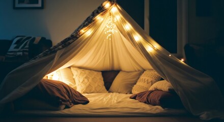 Indoor camping fort with string lights for cozy night at home. Romantic bedroom setup for couples or fun sleepover idea for kids. Creative interior design concept