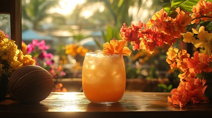 Golden Hour Tropical Cocktail with Orange Blossoms Drink Recipe Ideas & Inspiration for Summer Fun at the Beach Bar And Resort Relaxation Destinations With Vibrant Backgrounds of Sunsets and Golden
