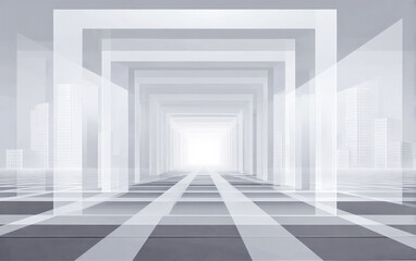 Obraz premium Abstract geometric corridor with light at the end in monochrome