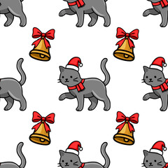 Seamless vector Christmas pattern featuring adorable grey cats wearing Santa hats and red scarves, playfully interspersed with golden bells adorned with red bows, creating a charming festive design.