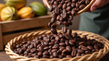 Fototapeta premium Freshly roasted coffee beans are being poured from woven basket, showcasing their rich color and texture, with fruits in background