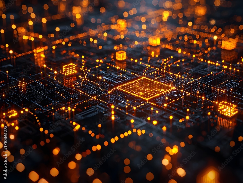 Poster abstract digital network of glowing orange circuits and interconnected nodes illustrating technology