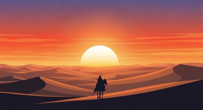 Silhouette of a lone cowboy on horseback riding across vast desert sand dunes against a vibrant setting sun. - Powered by Adobe