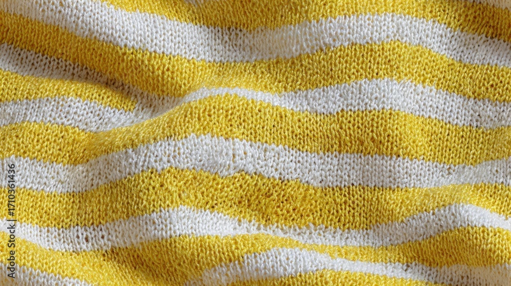 Poster a close-up of a textured fabric featuring yellow and white stripes, showcasing a soft, woven pattern