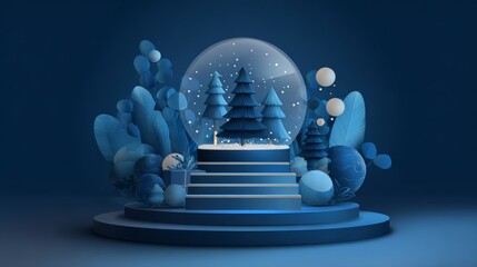 3d snow globe christmas holiday scene with pine trees, shiny ornaments, dark blue shapes, and festive podium display for winter backgrounds, seasonal posters, banners, and holiday stage decoration con
