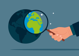 Hand holding a magnifying glass analyzing continent of Europe and Africa, planet earth. Global business expansion, open company branches. Vector flat illustration