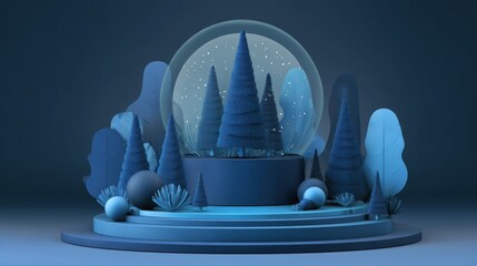 3d snow globe christmas holiday scene with pine trees, shiny ornaments, dark blue shapes, and festive podium display for winter backgrounds, seasonal posters, banners, and holiday stage decoration con
