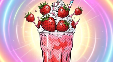 Vibrant pop art strawberry milkshake with whipped cream, fresh strawberries, and a colorful straw on a radiant pastel background, ideal for sweet dessert concepts.