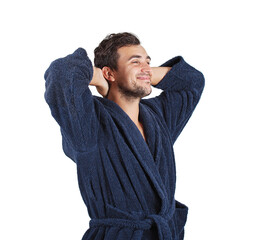 Happy young man wearing bathrobe stretching in the morning with a pleasant feeling and positive mood isolated on transparent background