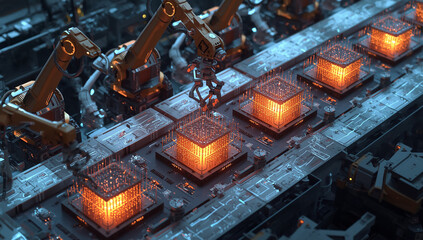 Futuristic Robotic Arms Assembling Microchips on a Factory Conveyor