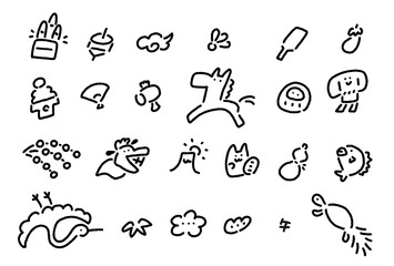 馬と正月の縁起物の和風のかわいい線画アイコンセット　2026 午年・正月素材　モノクロ