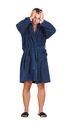 Full length portrait of tardy young man wearing bathrobe keeps hands to head, unable to wake up in time to get to work, isolated on transparent background