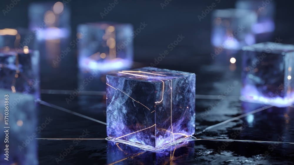 Poster a futuristic arrangement of illuminated ice cubes on a reflective surface, creating a striking visua