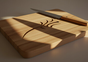 Wooden cutting board with knife and carrot shape for food preparation