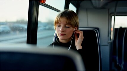 Beautiful young woman with short haircut listening favorite audio songs in modern earphones resting during bus ride and enjoying comfort first class sitting in bus