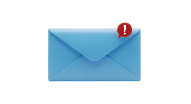 Isolated Blue e-mail envelope notification icon with exclamation point. Unread message symbol