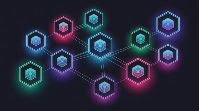 A vibrant network of interconnected glowing hexagons with cubes inside, symbolizing blockchain technology and digital connectivity
