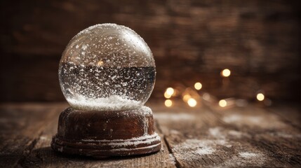 Snowglobe with falling snow and glowing light on rustic wooden background creating cozy winter holiday atmosphere and festive christmas decoration scene for seasonal greeting cards and warm home décor