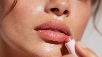 A detailed view of a woman applying pink lip balm. Her lips appear soft, glossy, and moisturized, highlighting a clean and radiant skincare or beauty routine