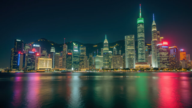 Stunning city skyline at night with illuminated skyscrapers reflecting on water, showcasing modern architecture and vibrant lights - Powered by Adobe