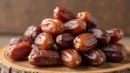 Obraz premium Fresh dates stacked on wooden plate, showcasing their rich brown color and smooth texture, evoke sense of natural sweetness and health