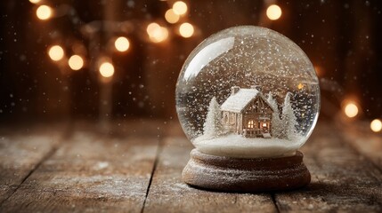 Snowglobe with falling snow and glowing light on rustic wooden background creating cozy winter holiday atmosphere and festive christmas decoration scene for seasonal greeting cards and warm home décor