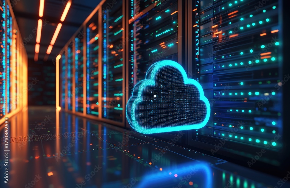 Poster blue digital cloud icon illuminated inside advanced data center with glowing server racks, ideal for