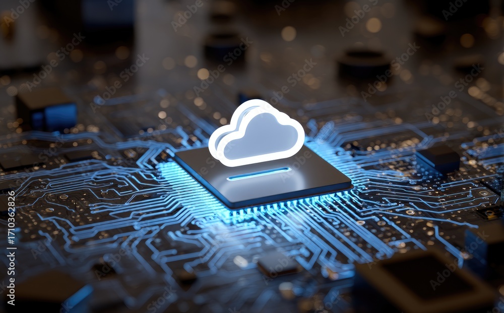 Poster white cloud icon glowing on a microchip surrounded by circuit board lines, futuristic representation