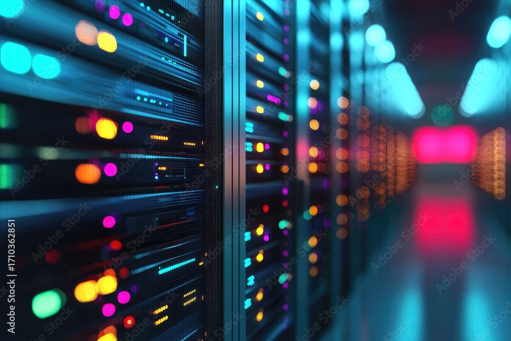 Poster modern data center corridor with colorful illuminated server racks and blurred glowing lights, ideal
