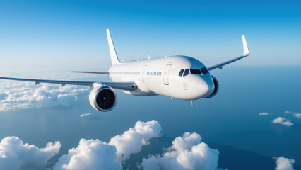 Obraz premium Modern airplane soaring through clear blue sky, surrounded by fluffy white clouds, symbolizes freedom and adventure