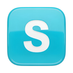 Cyan square button with a white letter s, isolated on white background