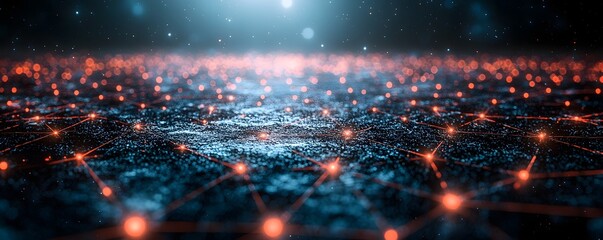 A futuristic digital network of glowing nodes and connections against a dark starry background