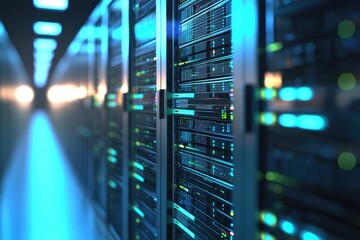 Futuristic data center corridor with illuminated blue server racks and glowing lights, ideal for IT infrastructure promotion, cloud technology visuals, and modern digital business