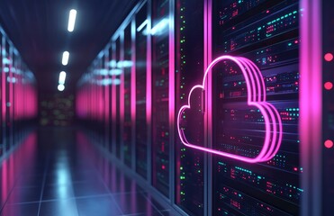Cloud technology neon symbol inside modern data center servers, futuristic IT infrastructure with glowing lights, ideal for digital transformation and cloud service promotion