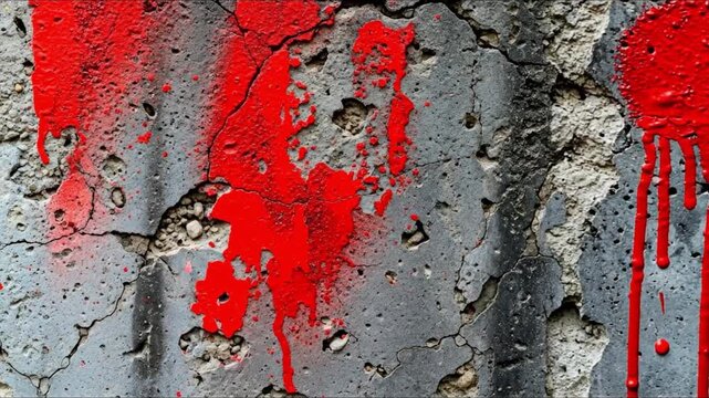 A rough grey textured surface with numerous cracks extensively covered in vibrant red paint splatters and thick dripping streaks
